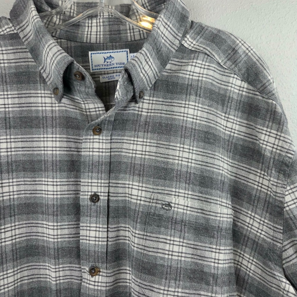 Southern Tide Mens XXL Grey White Plaid Flannel Shirt Classic Fit Button Down